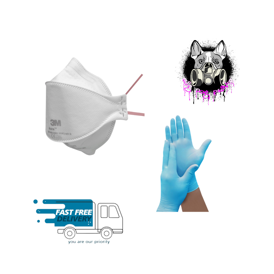 PPE Bundle - 1 x Disposable Gloves Box of 100 + 1 x 3M Auru Fask Mask Pack of 10
