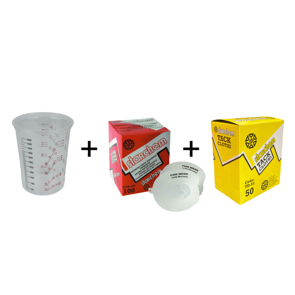 50 Plastic Mixing Cups + 50 Paint Strainers + 50 Tack Cloths